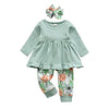Kulcerry Toddler Baby Girl Clothes Solid Color Long Sleeve Ruffle Tops Floral Pants Headband Outfits Set (18-24 Months, Green